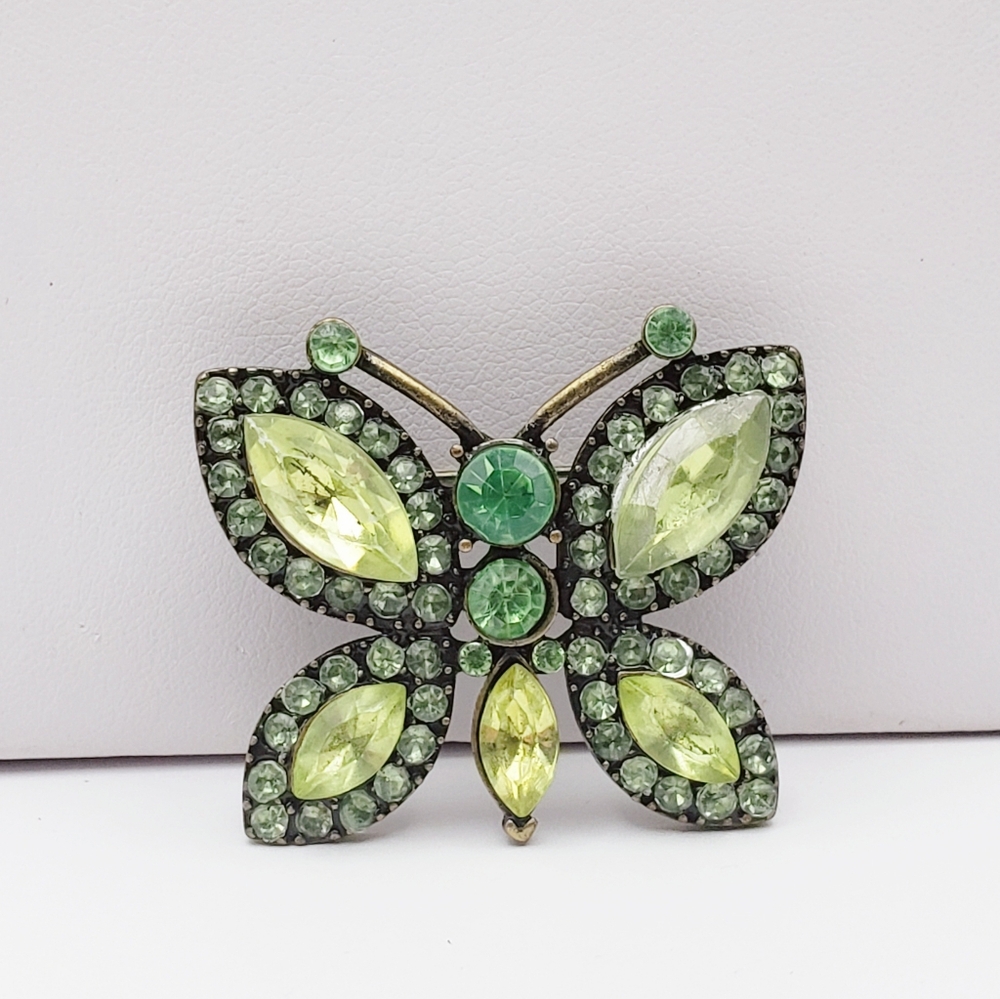 Green Bejeweled Rhinestone Buterfly Brooch Bronze Tone